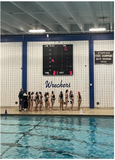 The Staples’ girls water polo team lines up before an impressive victory against Choate. 